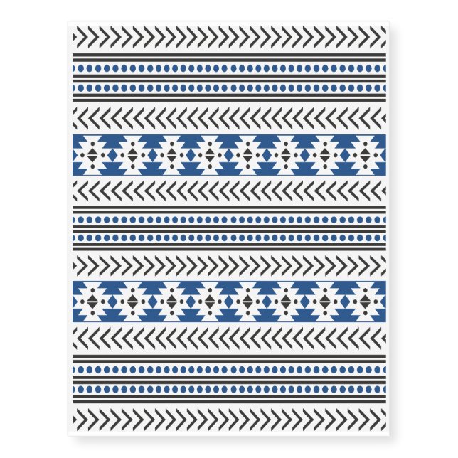 Trendy Aztec Tribal Print Geometric Pattern Blue Temporary Tattoos (Front)