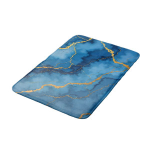 Trendy Azure Blue Gold Marble Collection Bath Mat