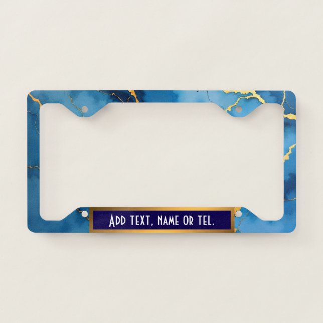 Trendy Azure Blue Gold Marble Collection License Plate Frame (Front)