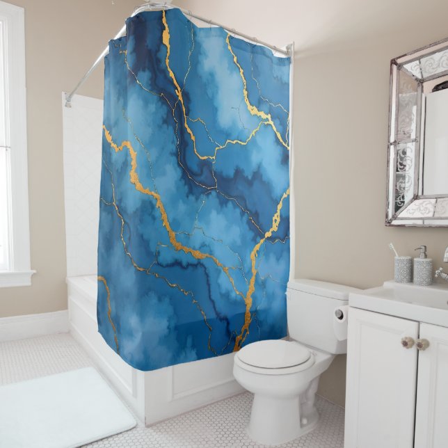 Trendy Azure Blue Gold Marble Collection Shower Curtain (In Situ)