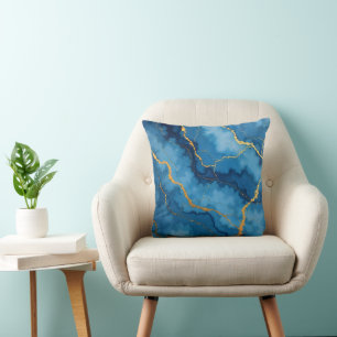 Trendy Azure Blue Gold Marble Collection Throw Pillow