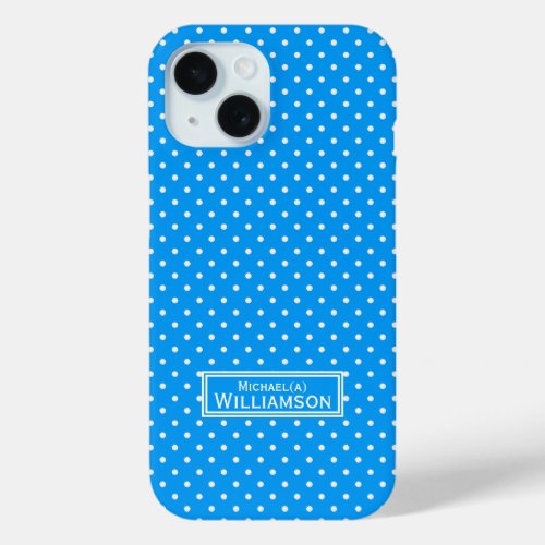 Trendy Azure Light Blue  White Polka Dots Pattern iPhone 15 Case