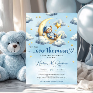 Trendy baby bear sleeping over the gold moon invitation