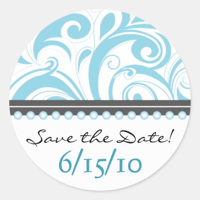 Trendy Baby Blue Swirlies Save the Date Sticker (Front)