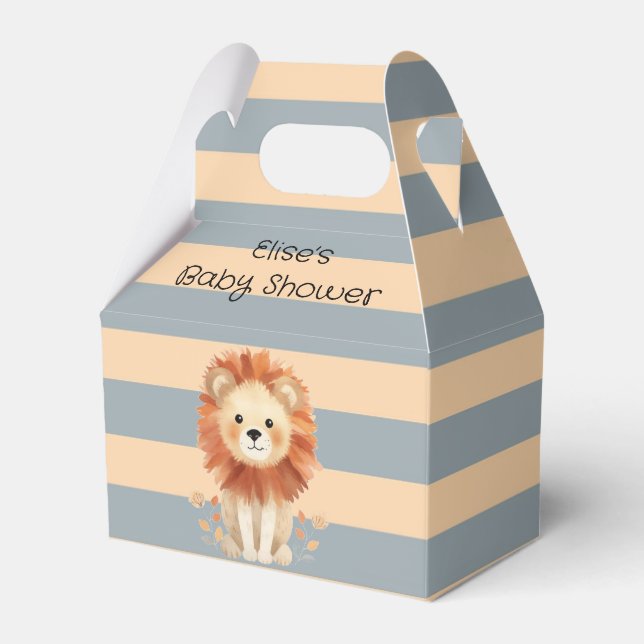 Trendy Baby Lion Stripes Boy Baby Shower Favor Boxes (Front Side)