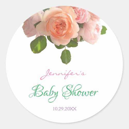 Trendy Baby Shower Watercolor Roses Handwritten Classic Round Sticker