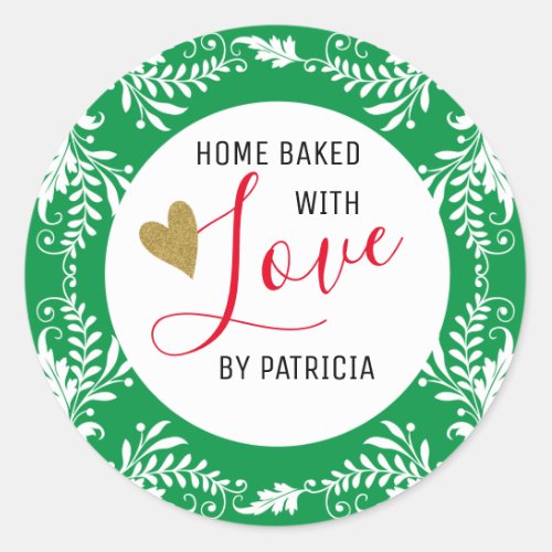 Trendy Baked With love Green And White Classic Round Sticker