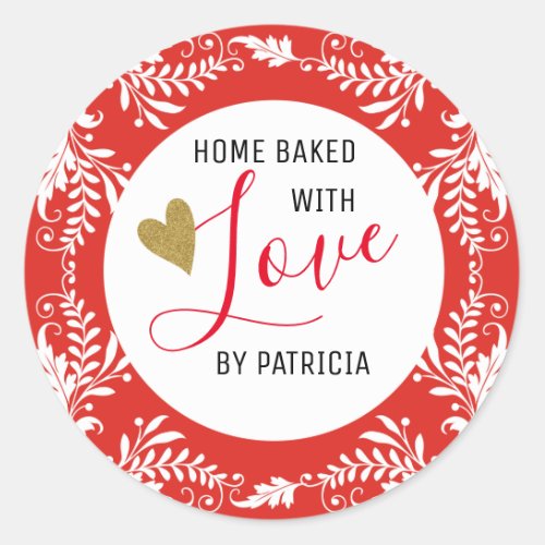 Trendy Baked With love Red And White Classic Round Sticker