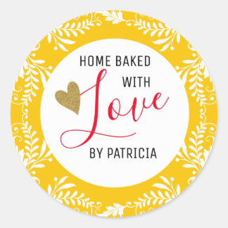 Trendy Baked With love Yellow And White Classic Round Sticker
