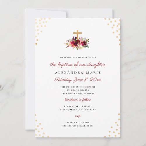 Trendy Baptism Invitation burgundy floral gold Invitation