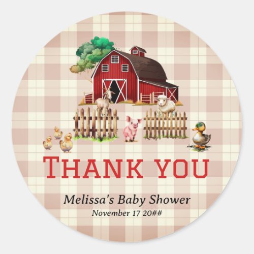 Trendy Barnyard Farm Animals Baby Shower Thank you Classic Round Sticker