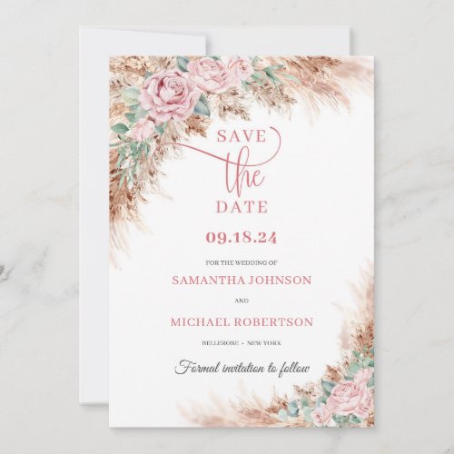 Trendy beach pampas grass and blush roses greenery save the date