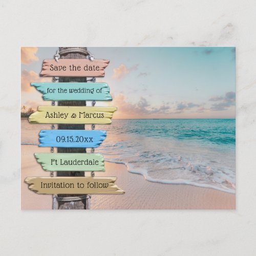 Trendy Beach Sign Wedding Save the Date  Announcement Postcard