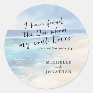 Trendy Beach Watercolor Ocean Christian Wedding Classic Round Sticker
