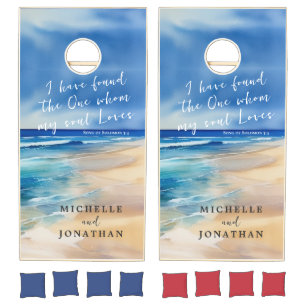 Trendy Beach Watercolor Ocean Christian Wedding Cornhole Set