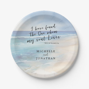 Trendy Beach Watercolor Ocean Christian Wedding Paper Plates