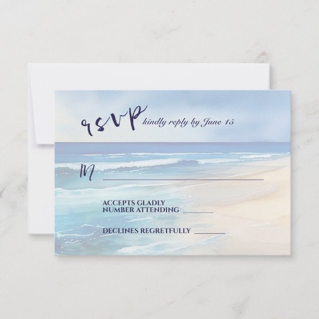 Trendy Beach Watercolor Ocean Wedding RSVP Card (Front)
