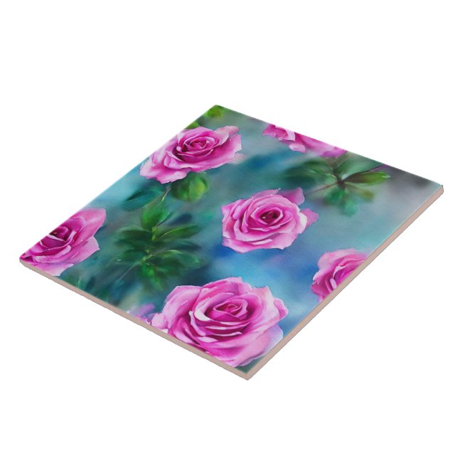 Trendy Beautiful Watercolor Pink Roses Collection Ceramic Tile (Side)