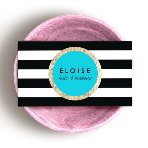 Trendy Beauty Black and White Striped Turquoise Business Card