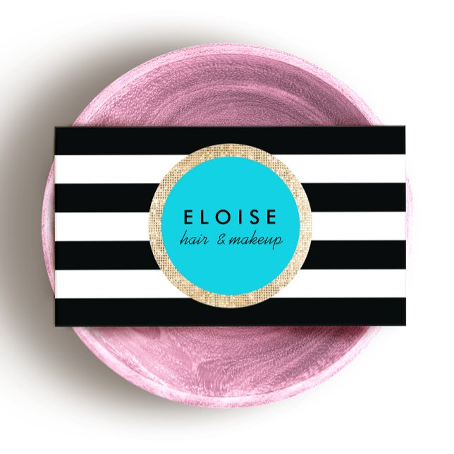 Trendy Beauty Black and White Striped Turquoise Business Card (Creator Uploaded)