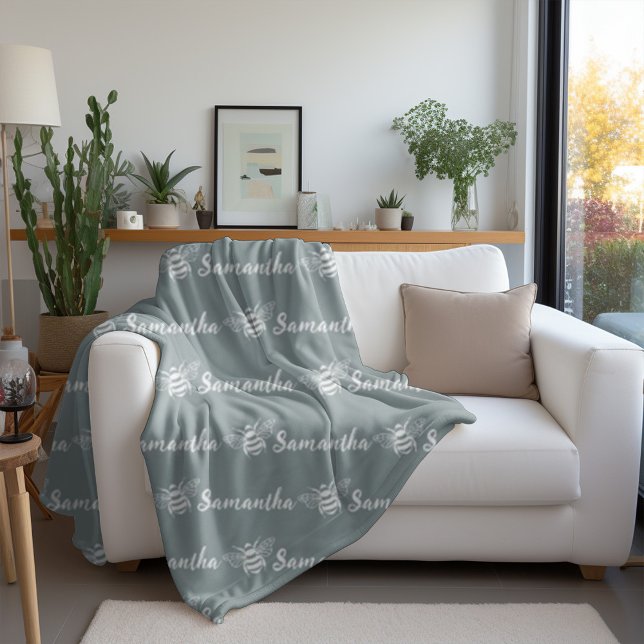 Trendy Bee Custom Calligraphy Name Gray Bombay Fleece Blanket (Creator Uploaded)
