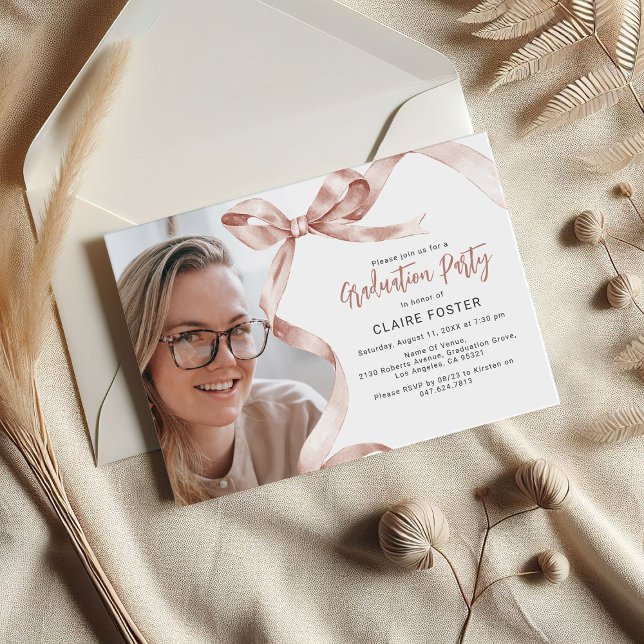 Trendy Beige Bow Photo Graduation Invitation (Creator Uploaded)
