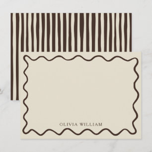 Trendy Beige & Chocolate Brown Wavy Border Striped Note Card