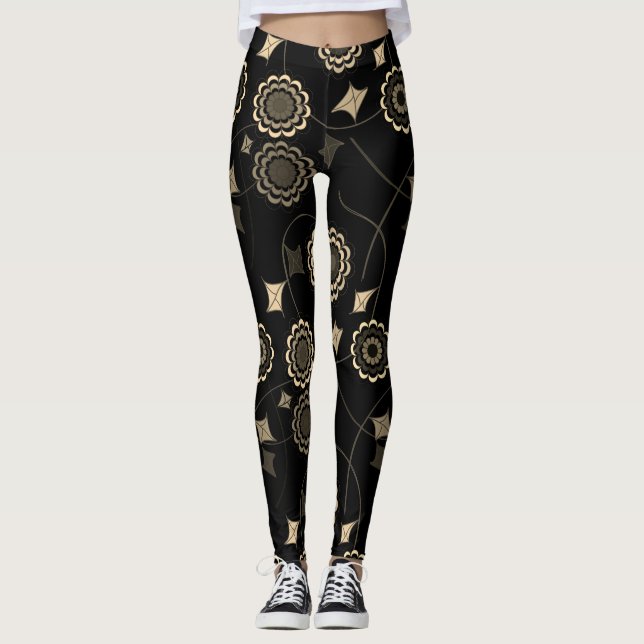 Trendy Beige Color Flower Ivy Black Leggings (Front)