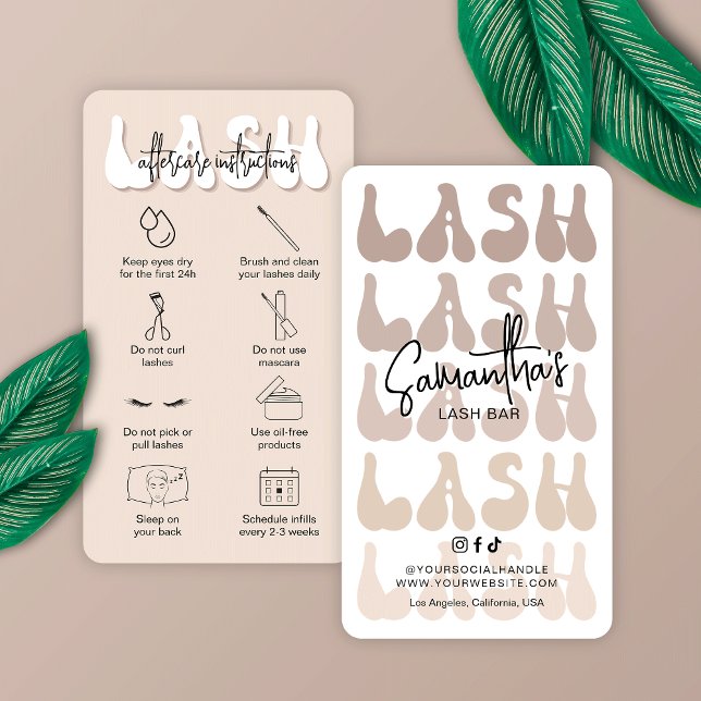 Trendy Beige Lash Aftercare Instructions Retro Business Card (Trendy beige and white lash extensions care cards with retro fonts and space for your salon details)