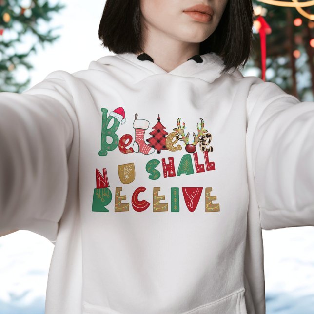 Trendy Believe Christmas Hoodie Festive Typography (Creator Uploaded)