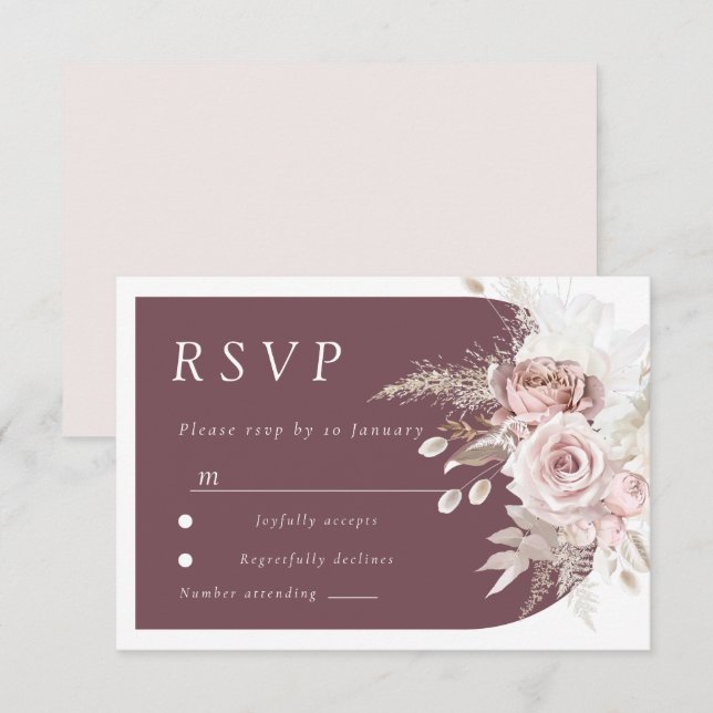 Trendy Berry Blush Ivory Boho Arch Wedding RSVP Card (Front/Back)