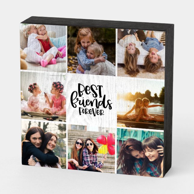 Trendy Best Friends Forever Photo Collage Wooden Box Sign (Angled Horizontal)