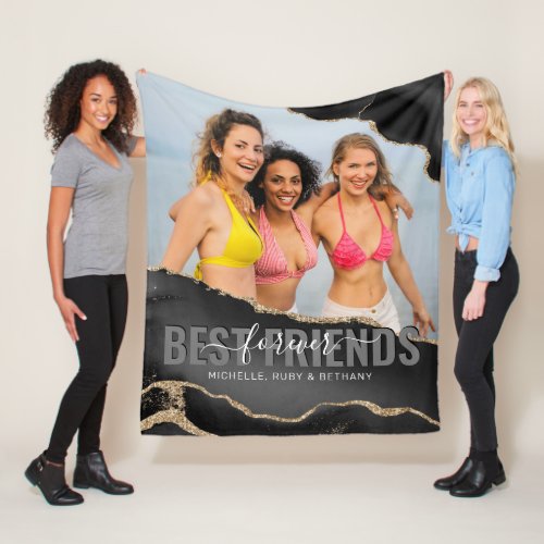 Trendy Best Friends Forever Photo Fleece Blanket - Friendship gift fleecy blanket featuring a photo of you and your besties, elegant black agate edges with gold glitter accents, and your names.