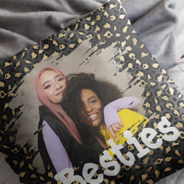 Trendy Besties Photo Black & Gold Animal Print Throw Pillow (Creator Uploaded)