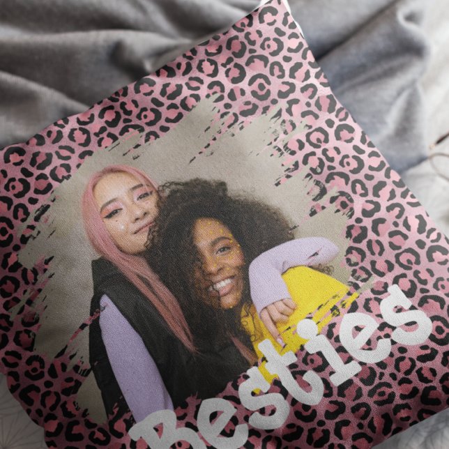 Trendy Besties Photo Pink & Gold Animal Print  Throw Pillow (Creator Uploaded)