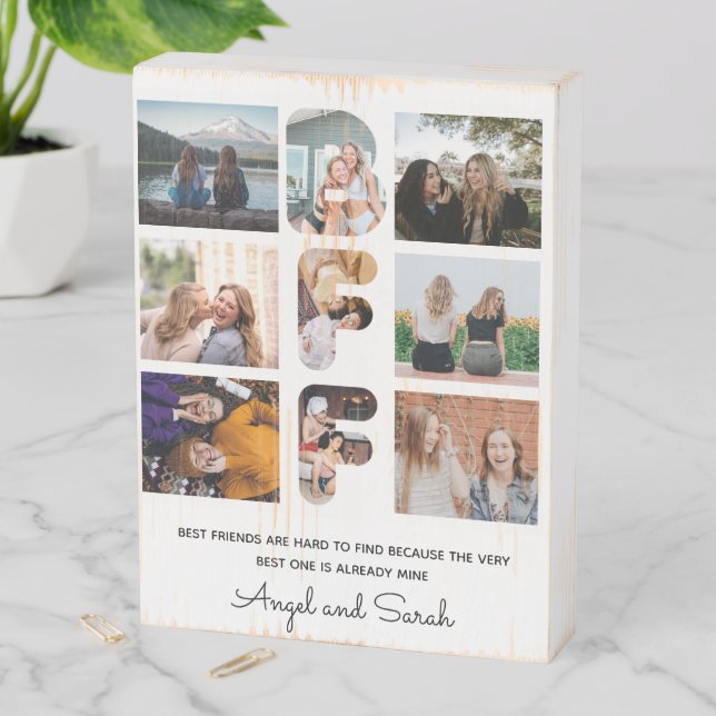 Trendy BFF Best Friend Chic Modern Photo Collage Wooden Box Sign (In Situ Vertical)