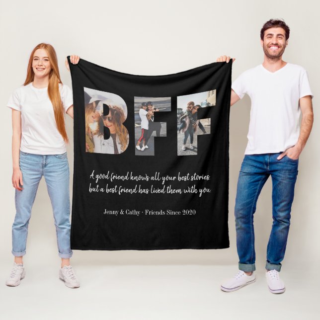 Trendy BFF Photo Collage Best Friend Quote Black Fleece Blanket (In Situ)