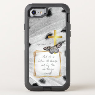 Trendy Bible Black White Grey Butterfly Gold Cross OtterBox Defender iPhone SE/8/7 Case
