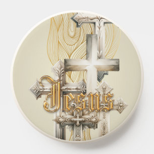 Trendy Bible Ornate Grey/Beige Cross Gold Jesus PopSocket