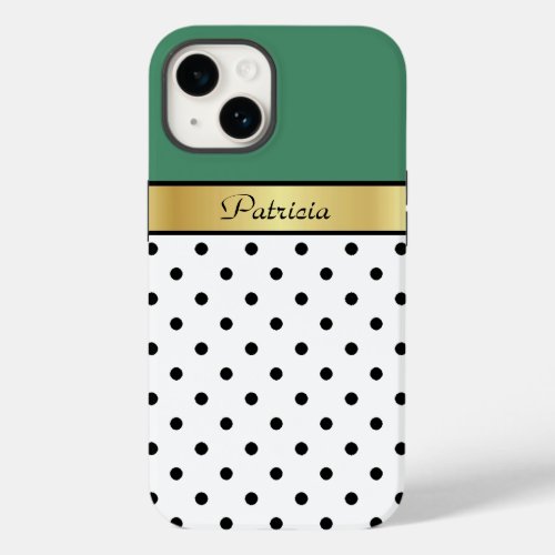 Trendy Billiard Green White Black Dots Gold Name Case_Mate iPhone 14 Case