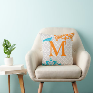 Trendy Bird Coral Aqua Monogram Moroccan Tile Throw Pillow