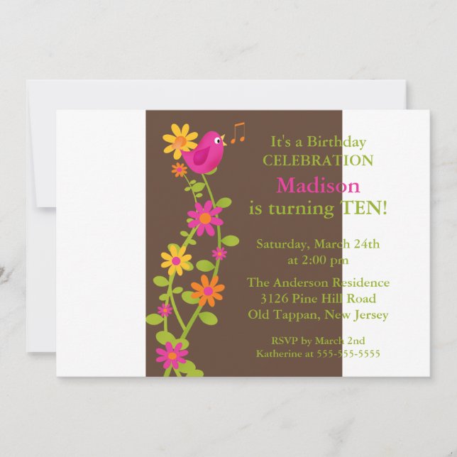 Trendy Bird & Flowers Birthday Invitation (Front)