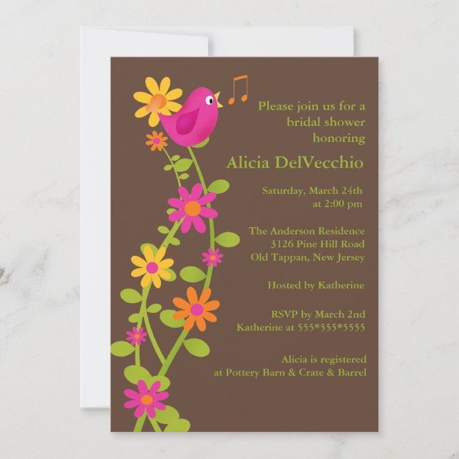 Trendy Bird & Flowers Bridal Shower Invitation (Front)