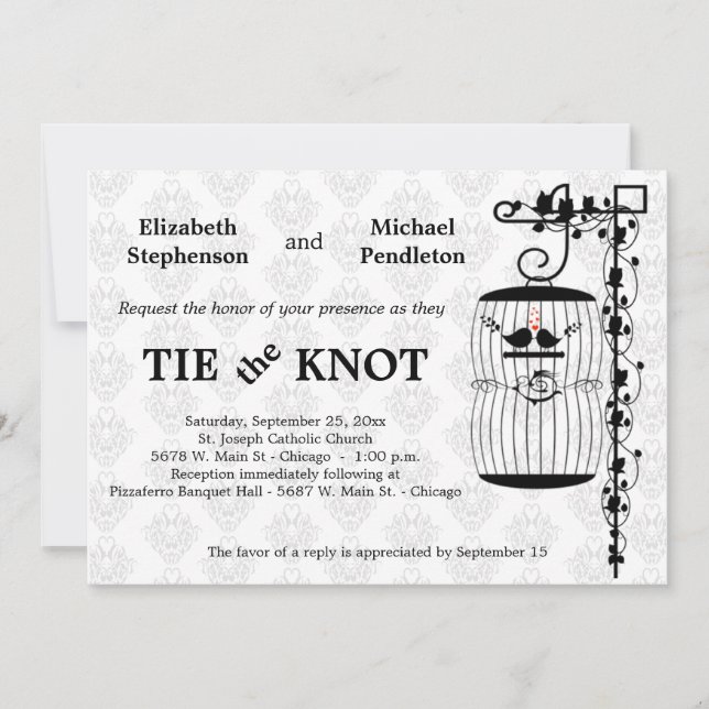Trendy Birdcage With Elegant Damask Background Invitation (Front)