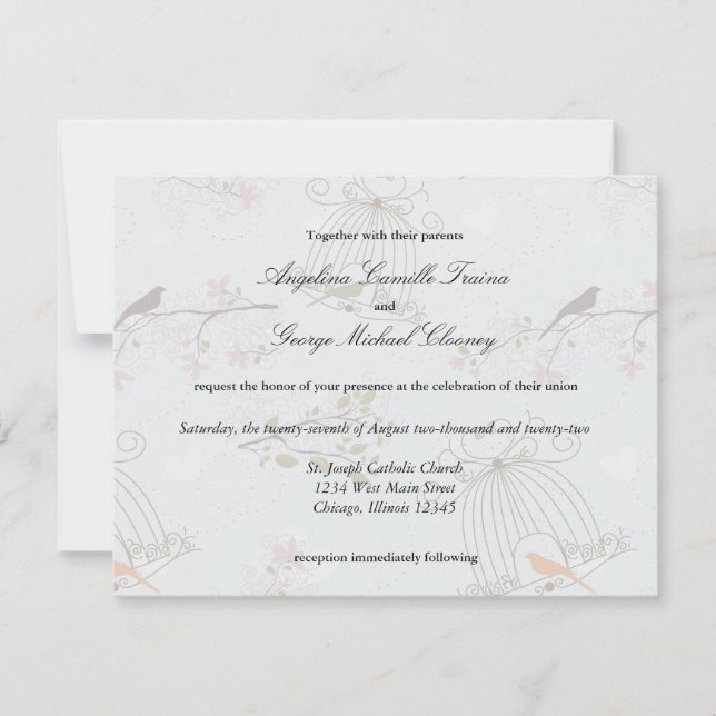 Trendy Birdcages And Flowers Wedding Invite (Front)