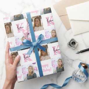 Trendy Birthday Collage Photo   Monogram Gift Wrapping Paper