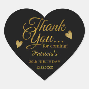 Trendy Black And Gold 30th Birthday Thank You Heart Sticker
