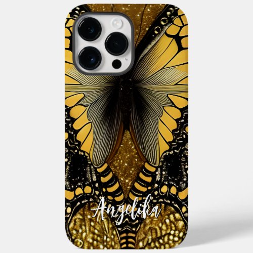 Trendy Black and Gold Butterfly Personalized Name Case_Mate iPhone 14 Pro Max Case