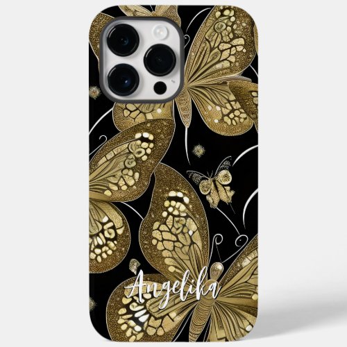 trendy Black and Gold Butterfly Personalized Name Case_Mate iPhone 14 Pro Max Case