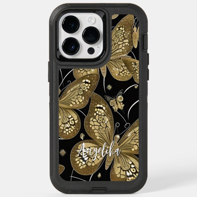 trendy Black and Gold Butterfly Personalized Name Otterbox iPhone Case (Back)